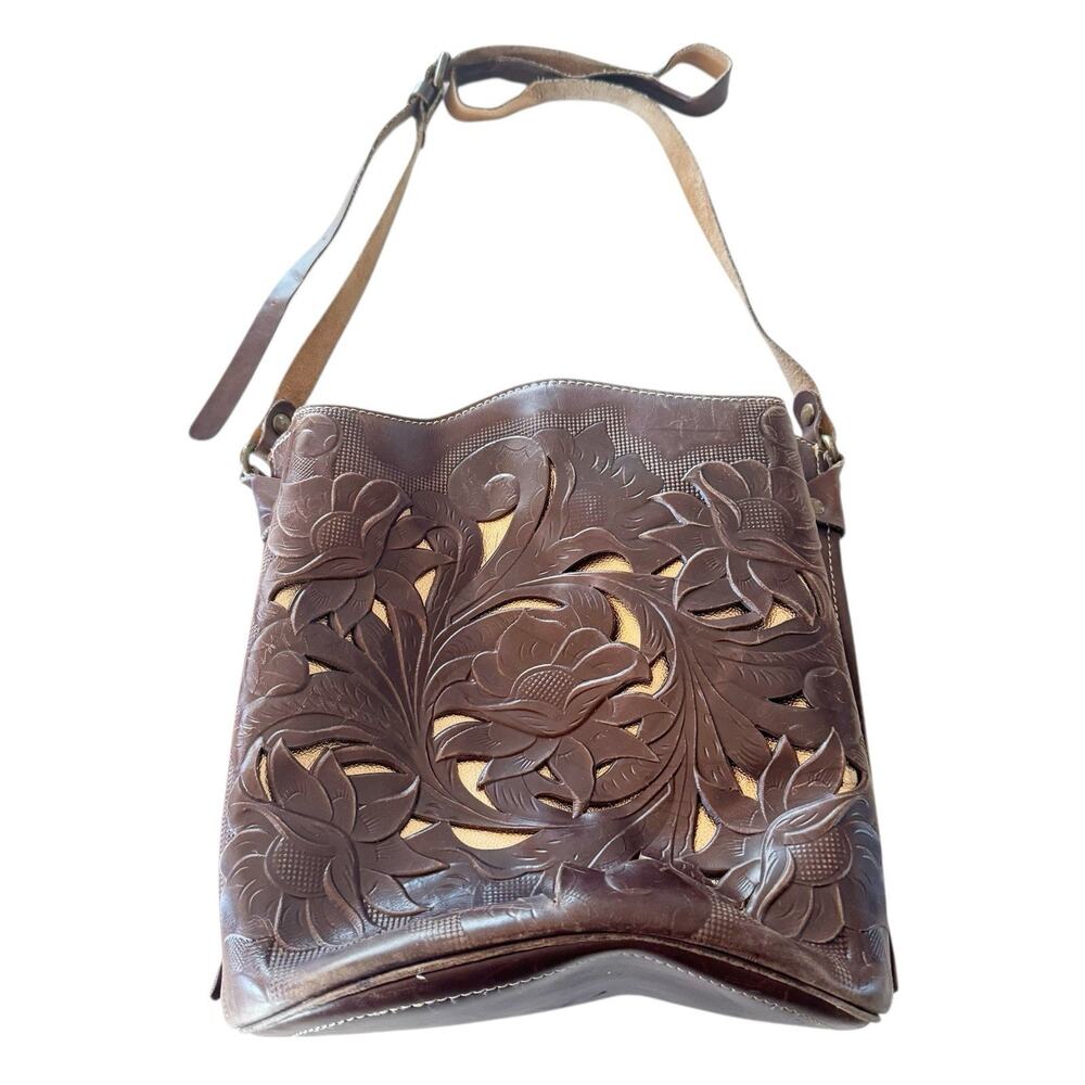 Patricia Nash Lavello Cut Out Tooled Brown Leather Crossbody Bucket Bag